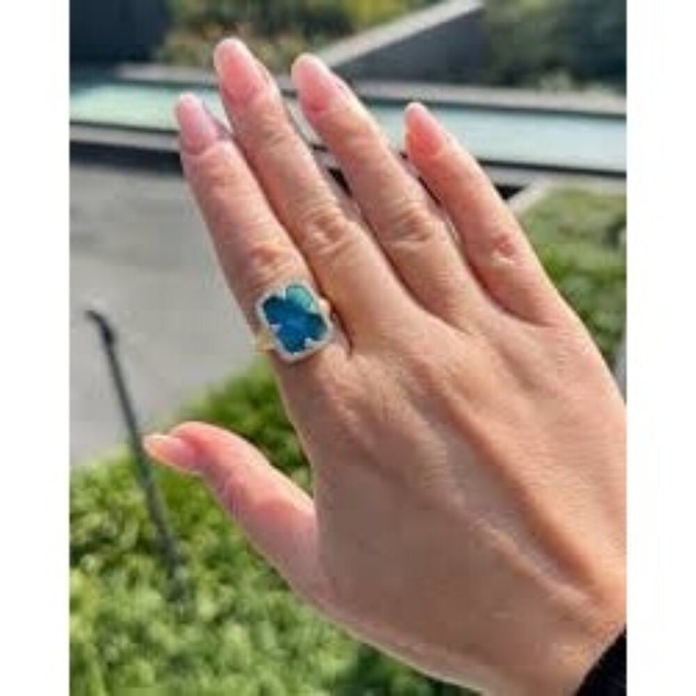 NIB $295 Freida Rothman Turquoise Crystal Halo Gold Plated Statement Ring Size 7